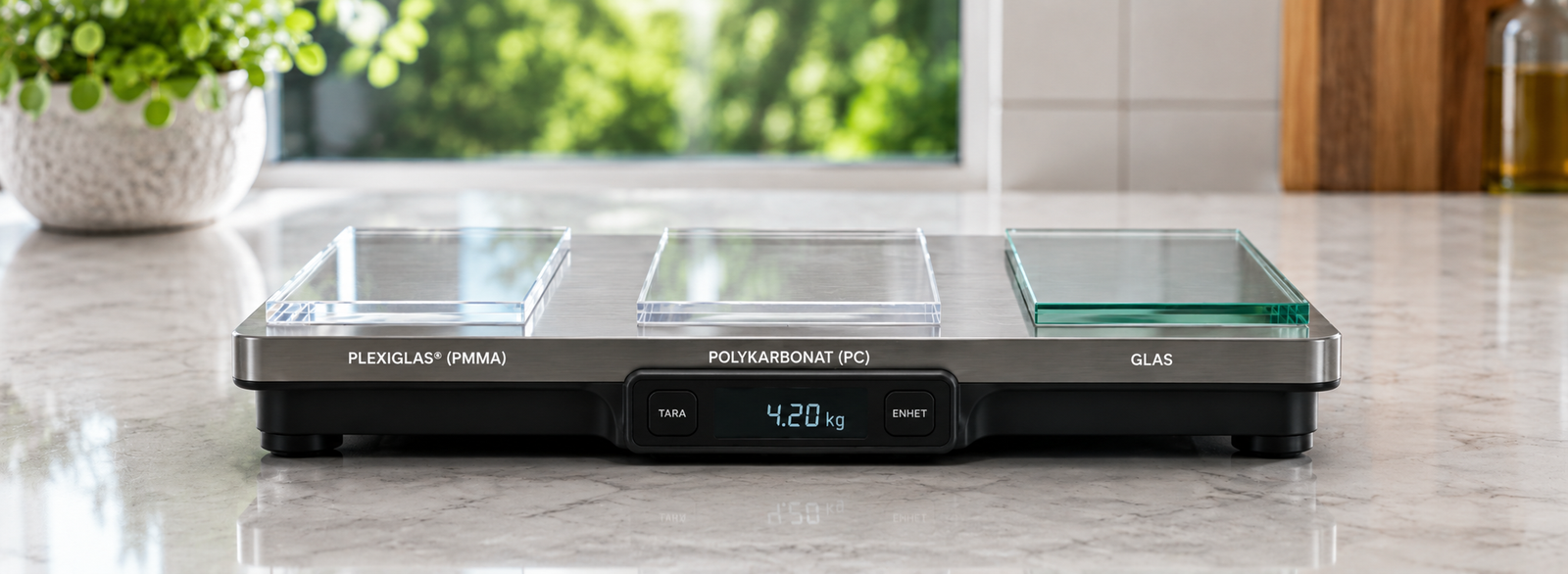 Jämförelse av plexiglas, polykarbonat och glas på digital våg